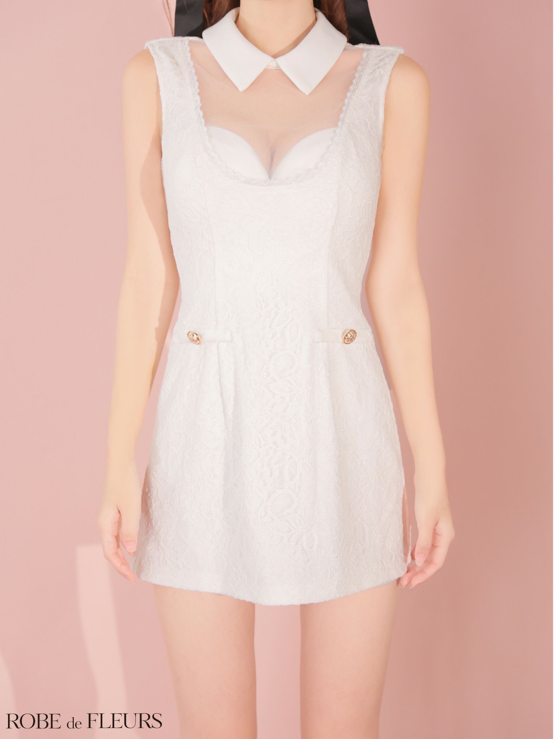 ROBE de FLEURS ローブドフルール 【XSサイズあり】襟付きシースルーデコルテレースミニキャバドレス fm3490-c