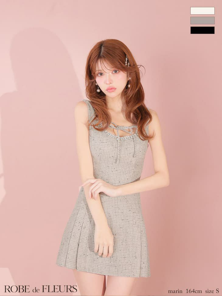 ROBE de FLEURS ローブドフルール 【XSサイズあり】ラメツイードビジューラインミニキャバドレス fm4631-c