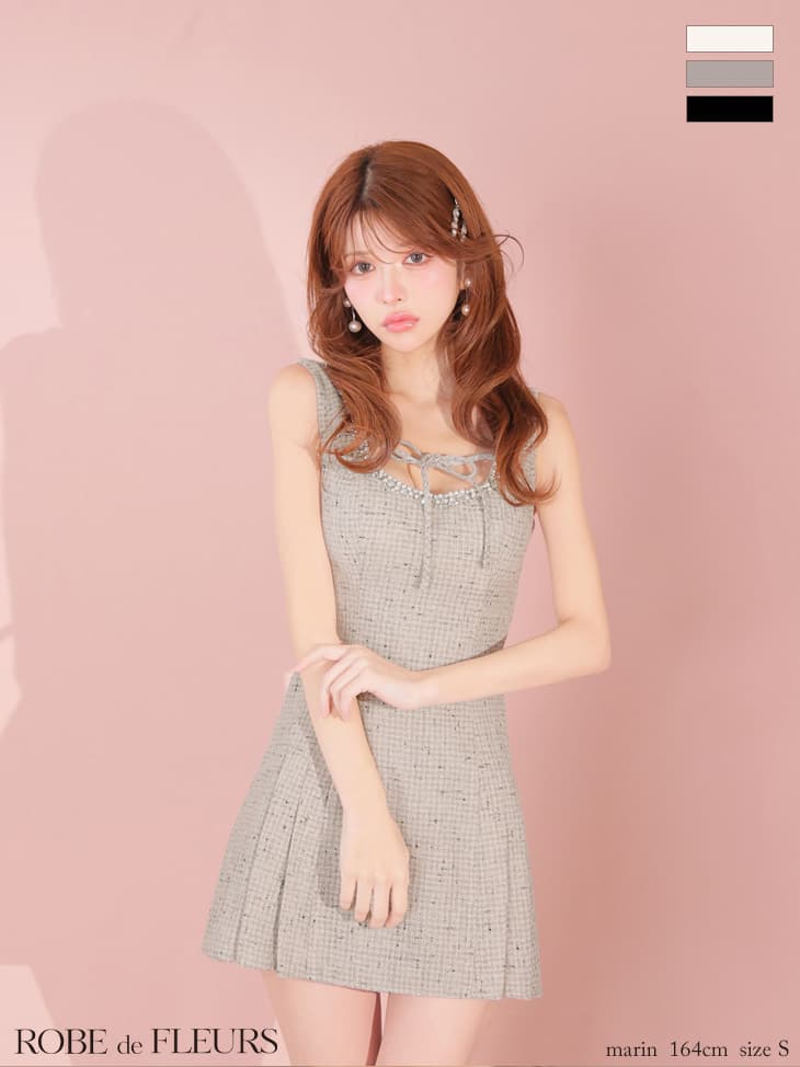 ROBE de FLEURS ローブドフルール 【XSサイズあり】ラメツイードビジューラインミニキャバドレス fm4631-c