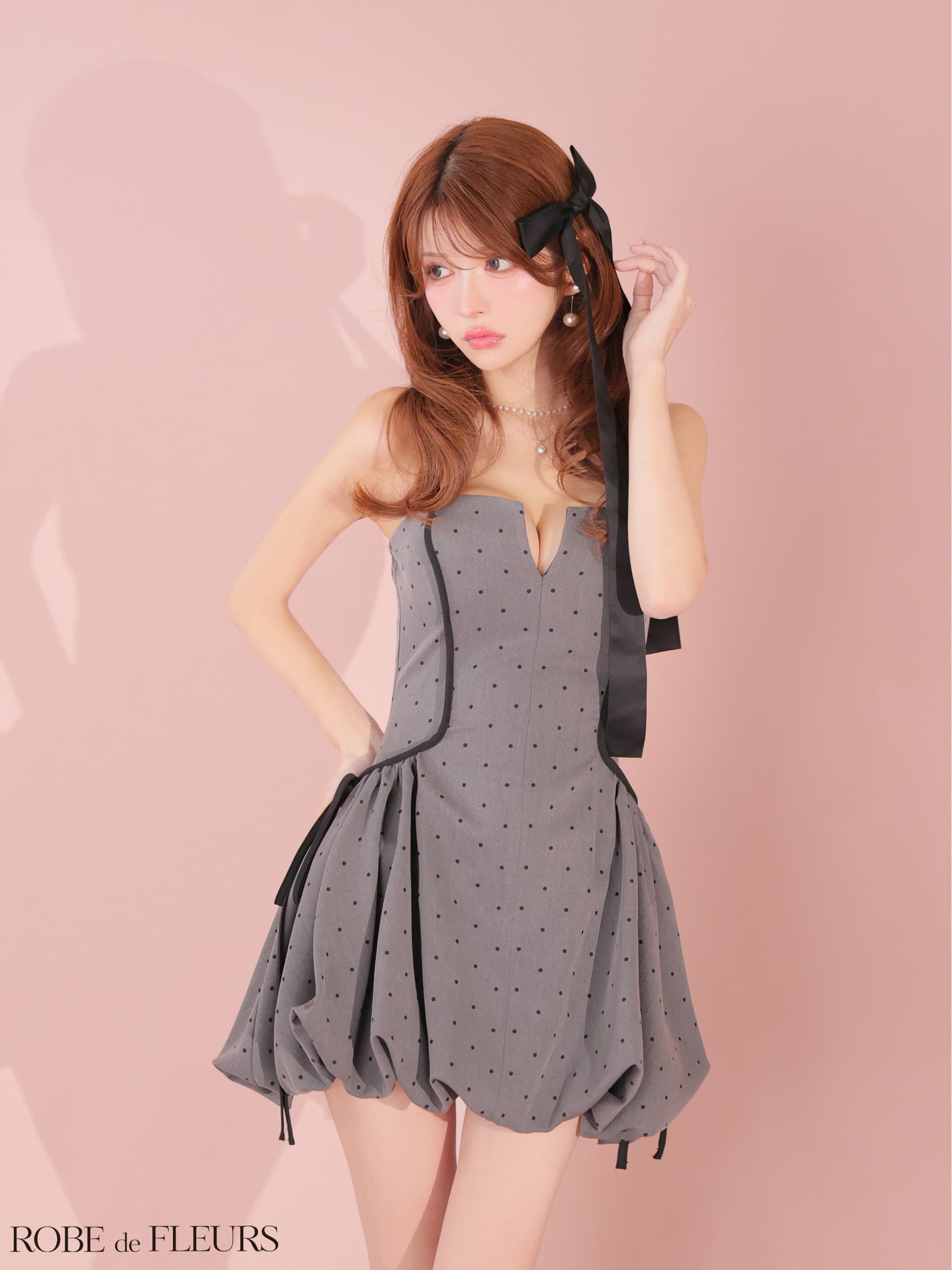 ROBE de FLEURS ローブドフルール 【XSサイズあり】ドット柄バルーンミニキャバドレス fm4702-c