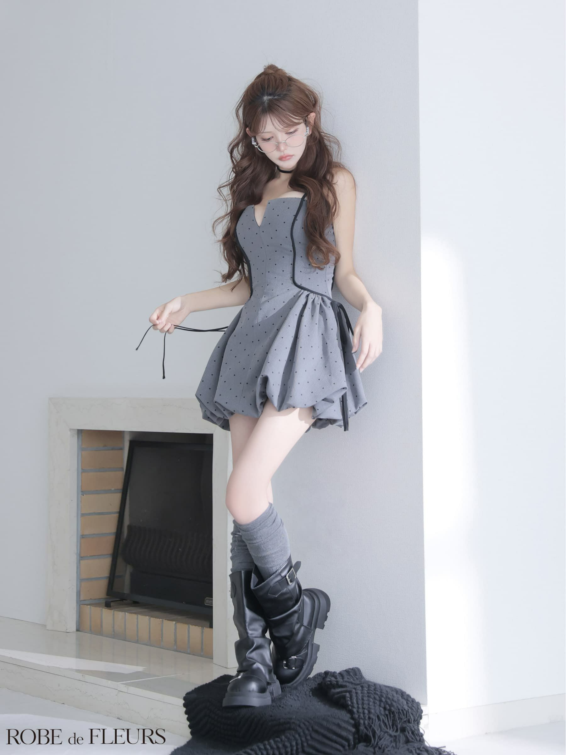 ROBE de FLEURS ローブドフルール 【XSサイズあり】ドット柄バルーンミニキャバドレス fm4702-c