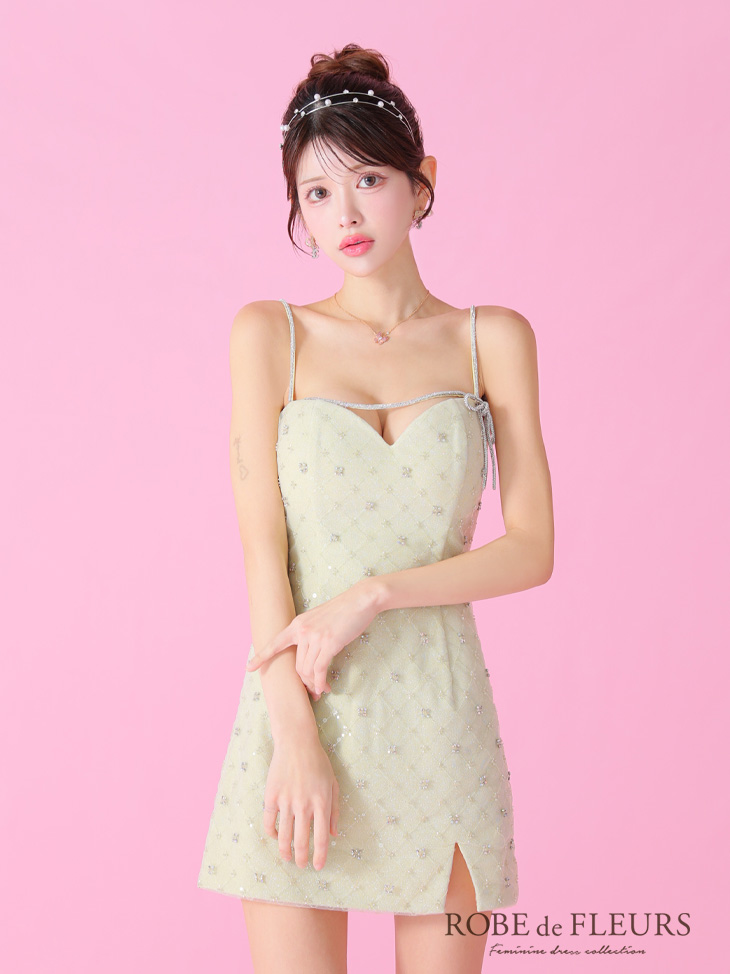 ROBE de FLEURS ローブドフルール ビジューリボンハートカットタイトミニキャバドレス【デコルテパーツ取り外し可能】 fm3426