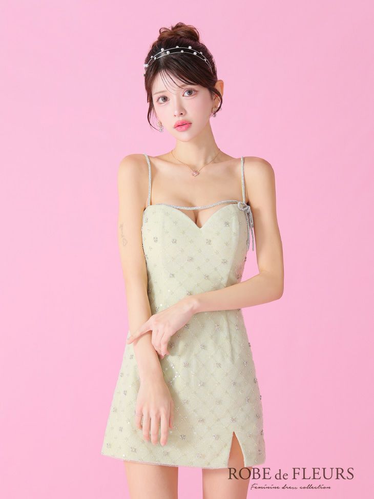 ROBE de FLEURS ローブドフルール ビジューリボンハートカットタイトミニキャバドレス【デコルテパーツ取り外し可能】 fm3426