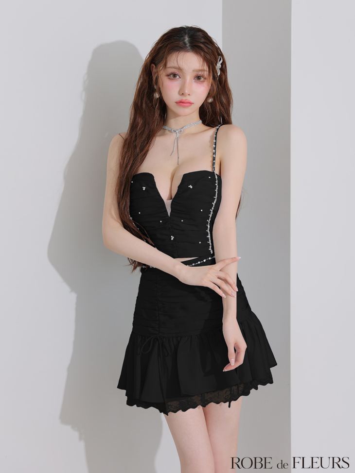 ROBE de FLEURS ローブドフルール サテンビジューレースセットアップミニキャバドレス fm3598