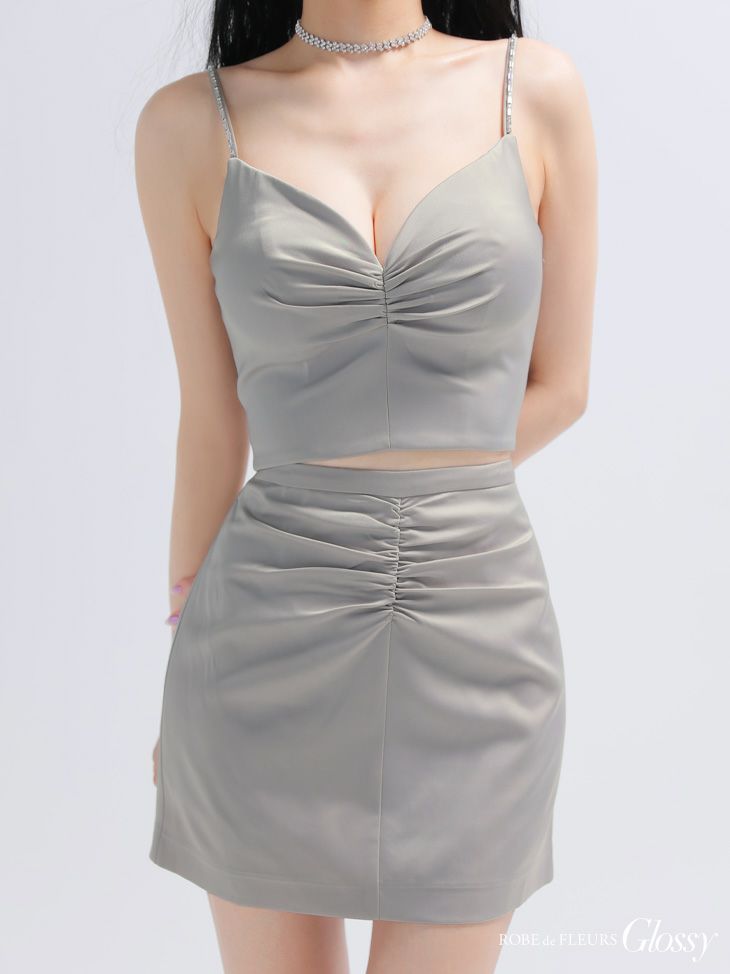 Glossy ローブドフルールグロッシー サテンギャザーセットアップタイトミニキャバドレス gl4130