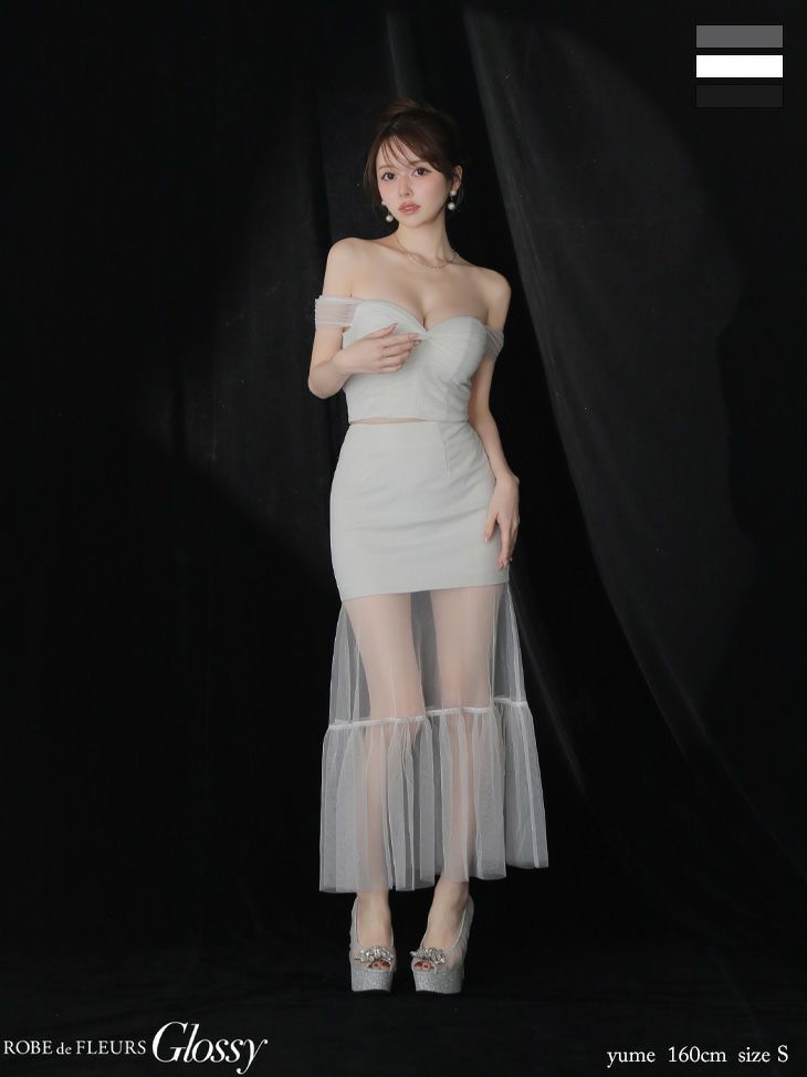 Glossy ローブドフルールグロッシー ラメニットオフショルセットアップロングキャバドレス gl3968