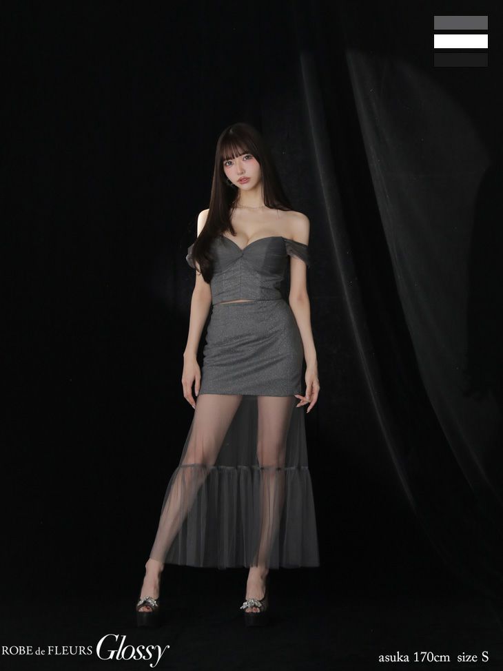 Glossy ローブドフルールグロッシー ラメニットオフショルセットアップロングキャバドレス gl3968