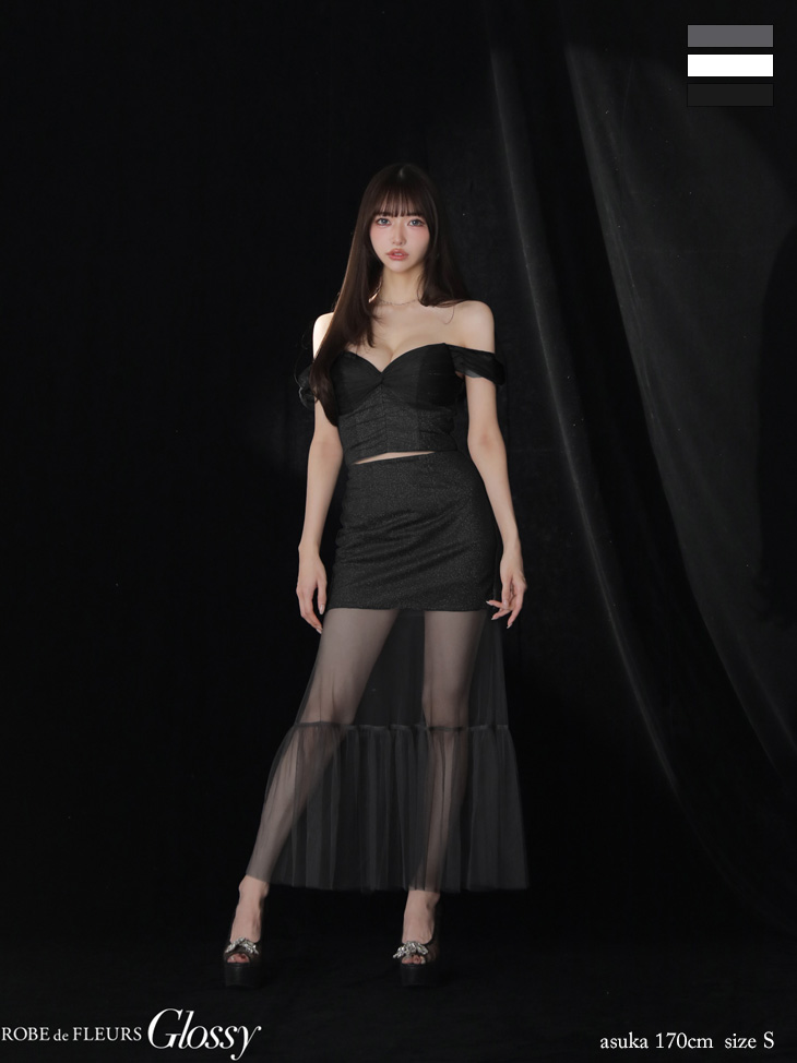 Glossy ローブドフルールグロッシー ラメニットオフショルセットアップロングキャバドレス gl3968