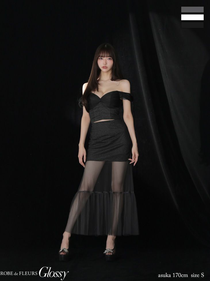 Glossy ローブドフルールグロッシー ラメニットオフショルセットアップロングキャバドレス gl3968