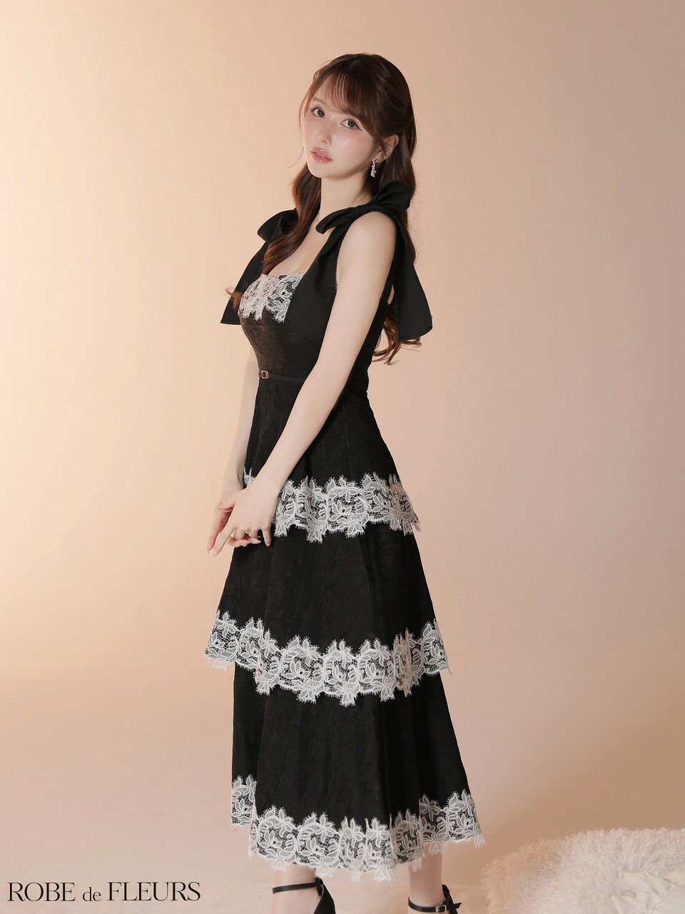 ROBE de FLEURS ローブドフルール 【Lサイズあり】 ジャガードレースティアードロングキャバドレス fm3487
