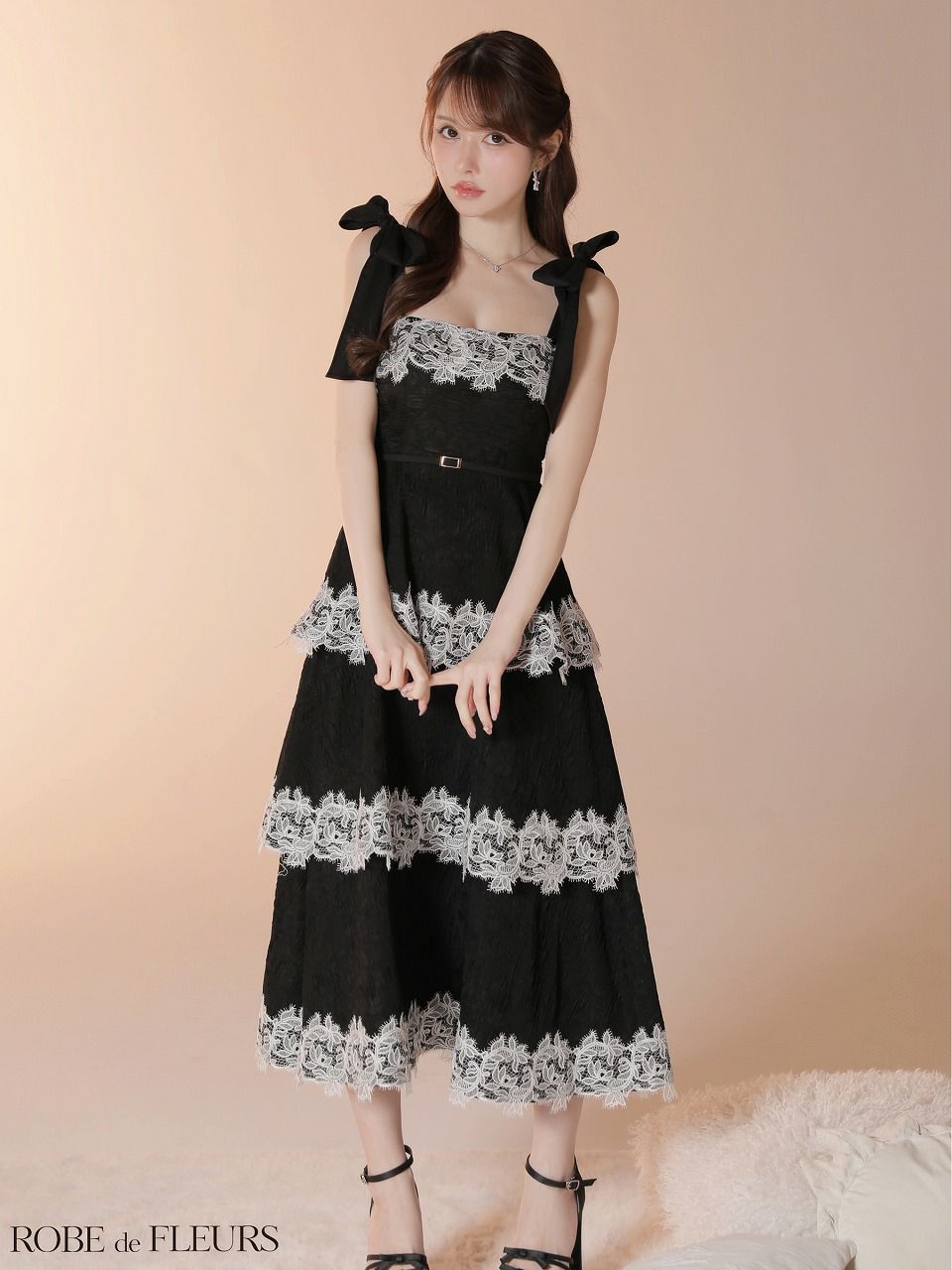 ROBE de FLEURS ローブドフルール 【Lサイズあり】 ジャガードレースティアードロングキャバドレス fm3487