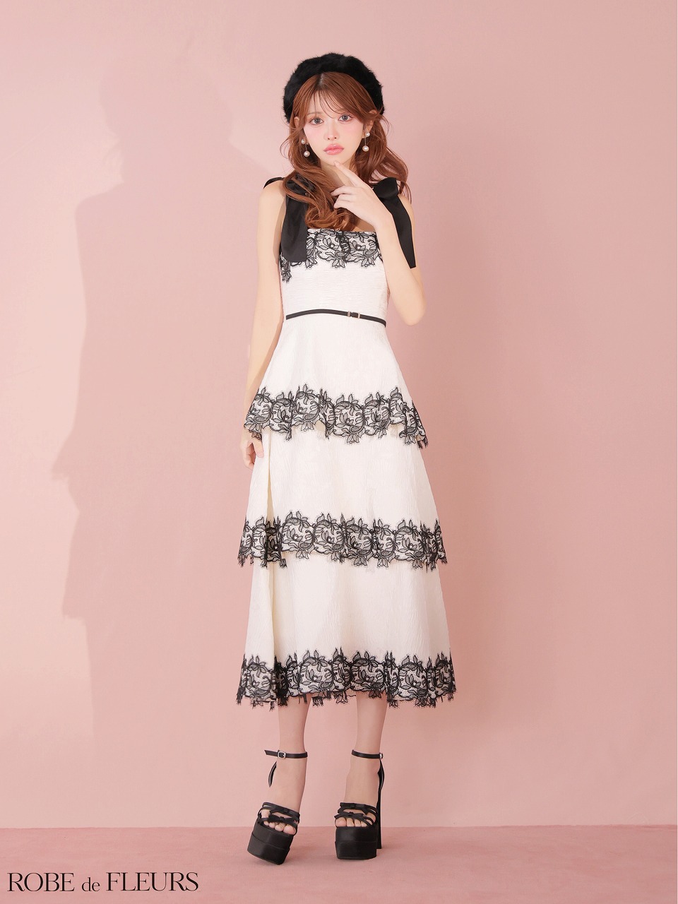 ROBE de FLEURS ローブドフルール 【Lサイズあり】 ジャガードレースティアードロングキャバドレス fm3487