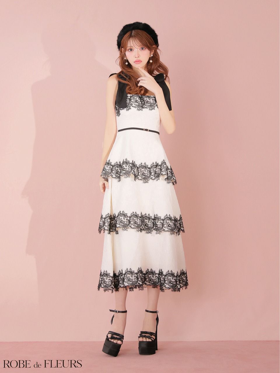 ROBE de FLEURS ローブドフルール 【Lサイズあり】 ジャガードレースティアードロングキャバドレス fm3487