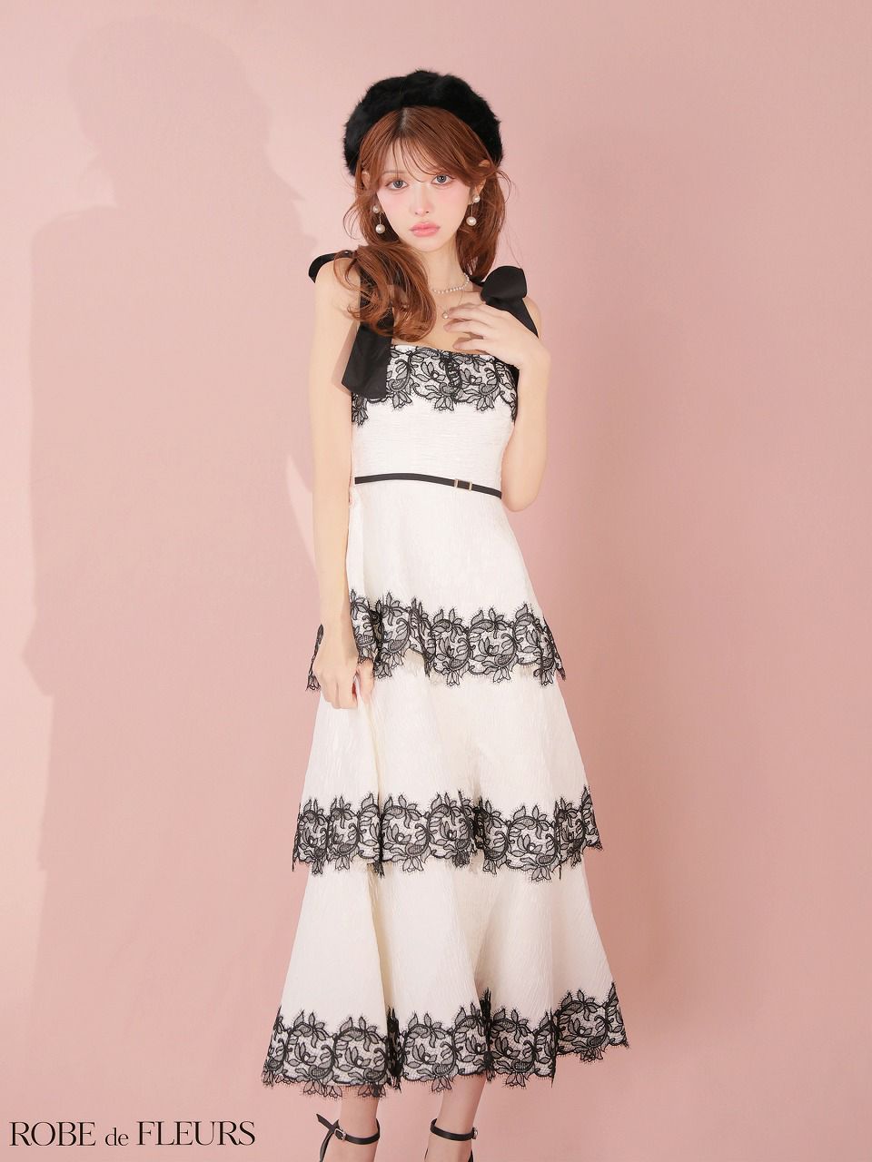 ROBE de FLEURS ローブドフルール 【Lサイズあり】 ジャガードレースティアードロングキャバドレス fm3487