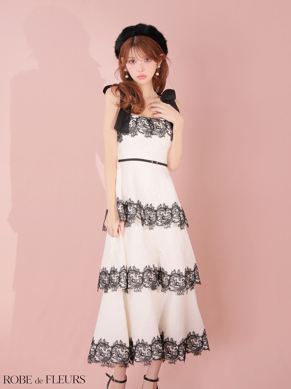 ROBE de FLEURS ローブドフルール 【Lサイズあり】 ジャガードレースティアードロングキャバドレス fm3487