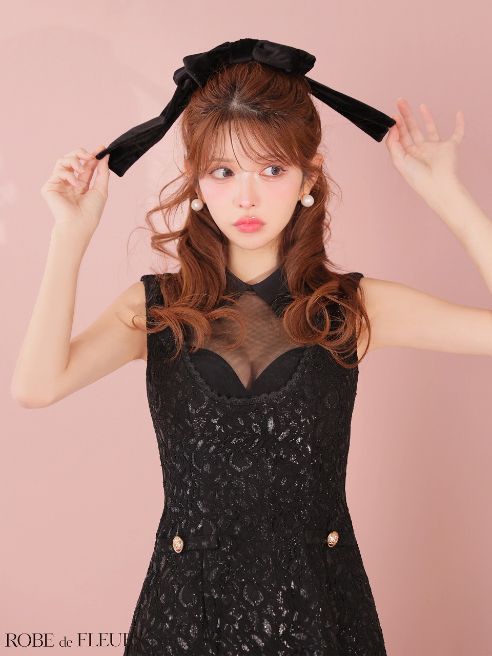 ROBE de FLEURS ローブドフルール 【XSサイズあり】襟付きシースルーデコルテレースミニキャバドレス fm3490