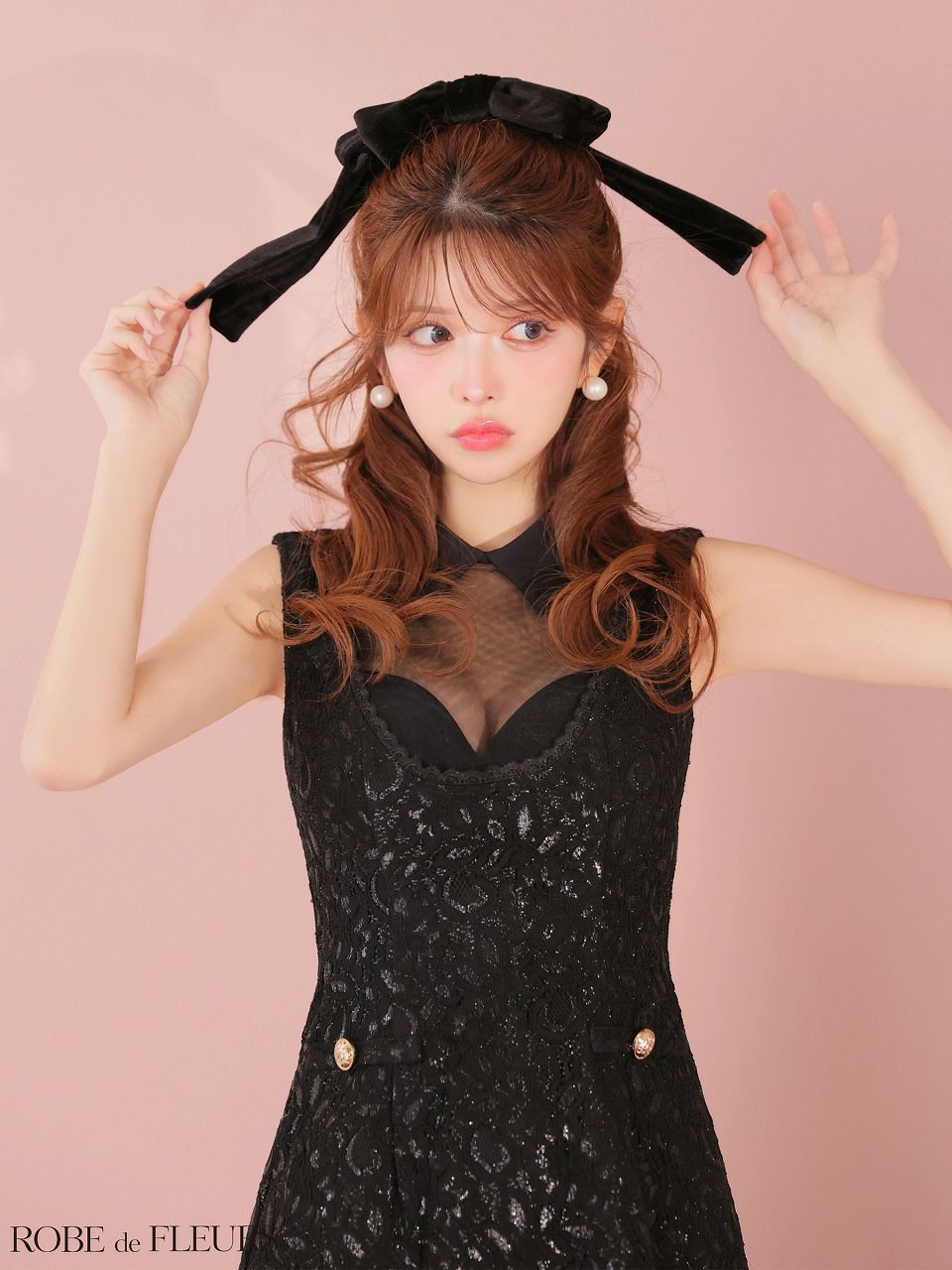 ROBE de FLEURS ローブドフルール 【XSサイズあり】襟付きシースルーデコルテレースミニキャバドレス fm3490