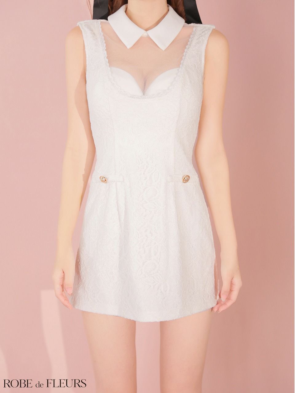 ROBE de FLEURS ローブドフルール 【XSサイズあり】襟付きシースルーデコルテレースミニキャバドレス fm3490