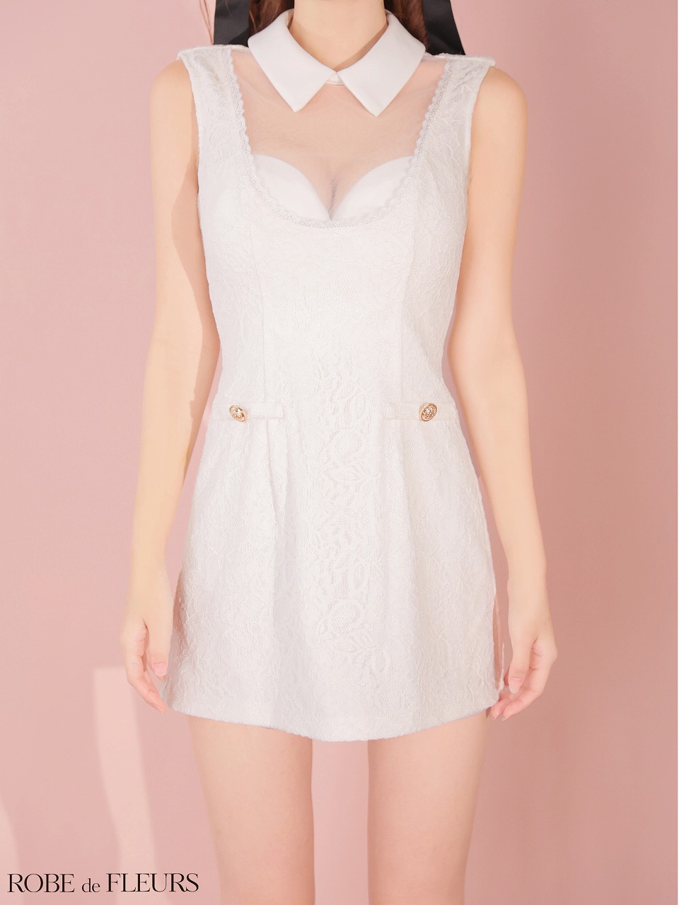 ROBE de FLEURS ローブドフルール 【XSサイズあり】襟付きシースルーデコルテレースミニキャバドレス fm3490