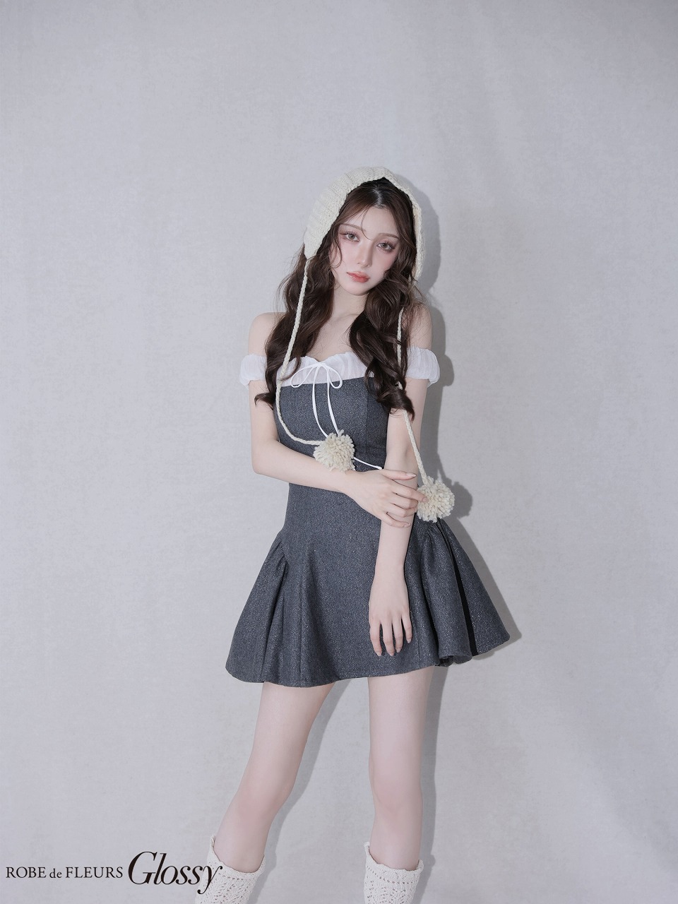 ROBE de FLEURS anier.ROBE ローブドフルール アニエルローブ 【XSサイズあり】 Glitter flannel off-the-shoulder mini dress グリッターフランネルオフショルミニドレス fm-anier4058