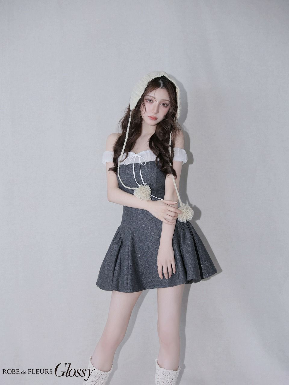 ROBE de FLEURS anier.ROBE ローブドフルール アニエルローブ 【XSサイズあり】 Glitter flannel off-the-shoulder mini dress グリッターフランネルオフショルミニドレス fm-anier4058