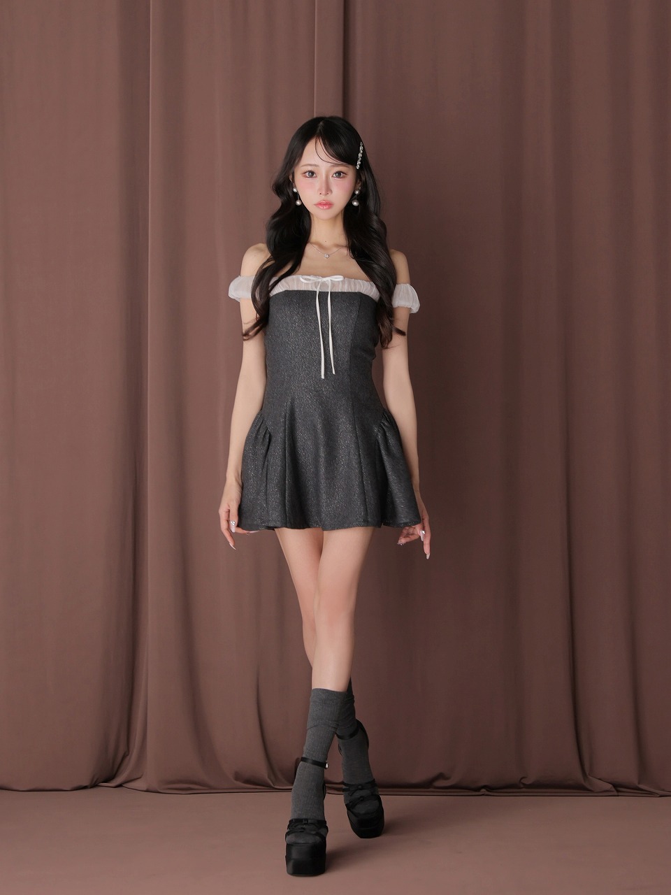 ROBE de FLEURS anier.ROBE ローブドフルール アニエルローブ 【XSサイズあり】 Glitter flannel off-the-shoulder mini dress グリッターフランネルオフショルミニドレス fm-anier4058