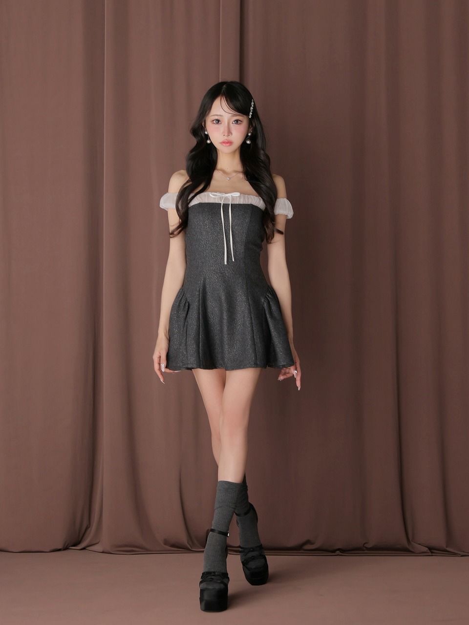 ROBE de FLEURS anier.ROBE ローブドフルール アニエルローブ 【XSサイズあり】 Glitter flannel off-the-shoulder mini dress グリッターフランネルオフショルミニドレス fm-anier4058