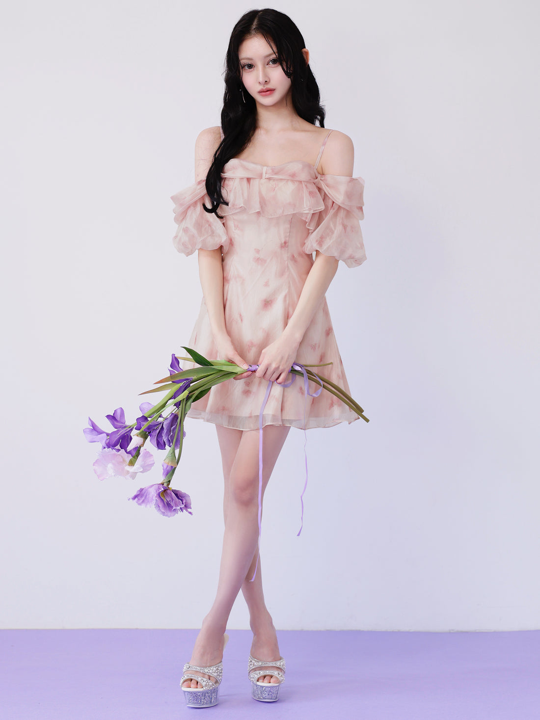 AngelR エンジェルアール 花柄シフォンオフショル2WAYフリルフレアマイクロミニドレス ar26802