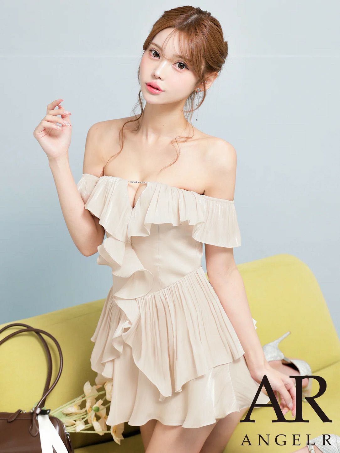 AngelR エンジェルアール オフショルダーバストカットビジューチェーンフリルフレアマイクロミニドレス ar26806