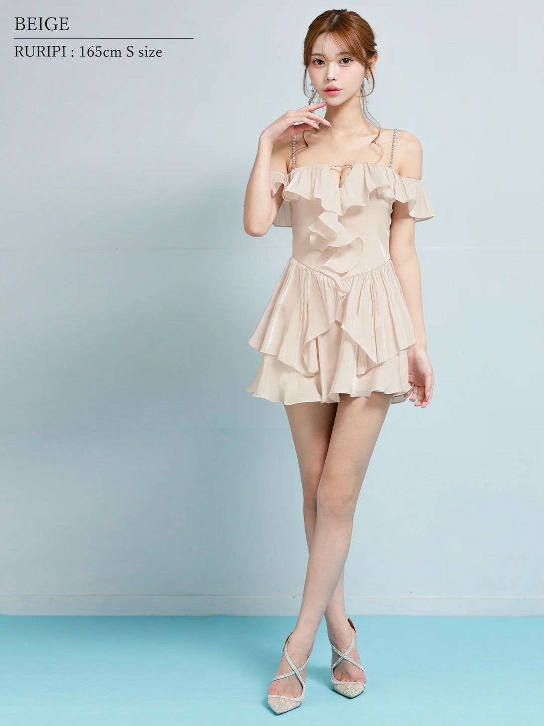 AngelR エンジェルアール オフショルダーバストカットビジューチェーンフリルフレアマイクロミニドレス ar26806