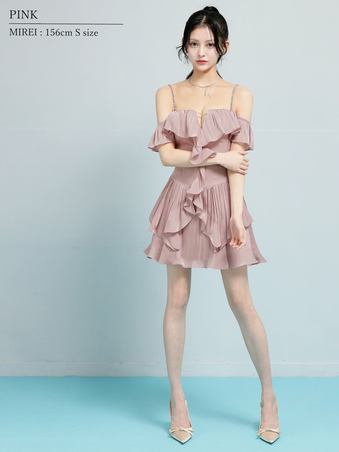 AngelR エンジェルアール オフショルダーバストカットビジューチェーンフリルフレアマイクロミニドレス ar26806