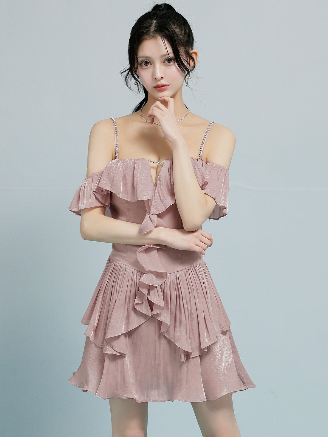 AngelR エンジェルアール オフショルダーバストカットビジューチェーンフリルフレアマイクロミニドレス ar26806