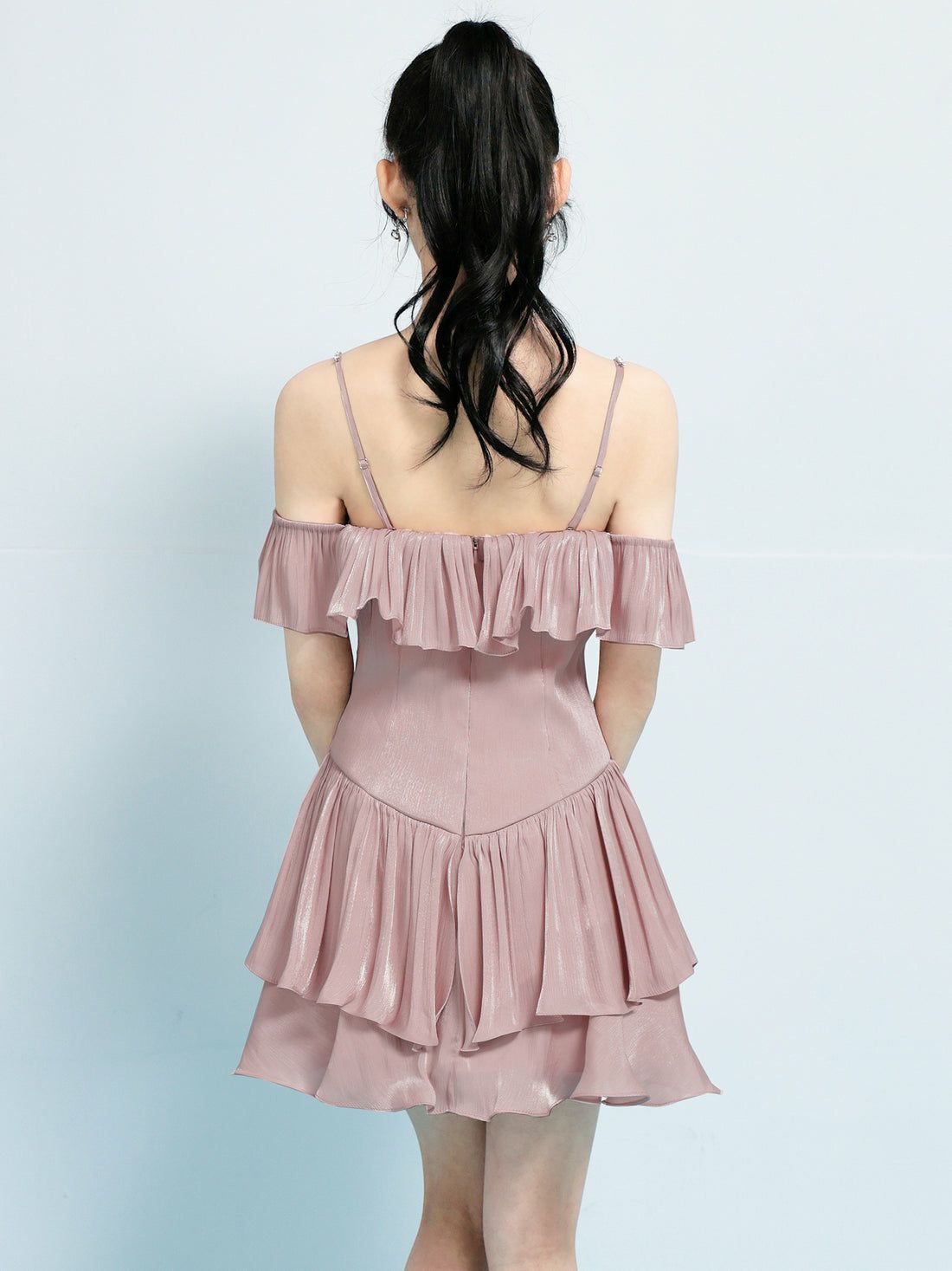 AngelR エンジェルアール オフショルダーバストカットビジューチェーンフリルフレアマイクロミニドレス ar26806