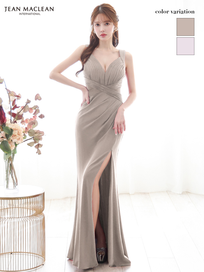 JEAN MACLEAN ジャンマクレーン ワンカラー/ラメニット/ウエストクロス/スリット入り/タイト/ロングドレス ja51861