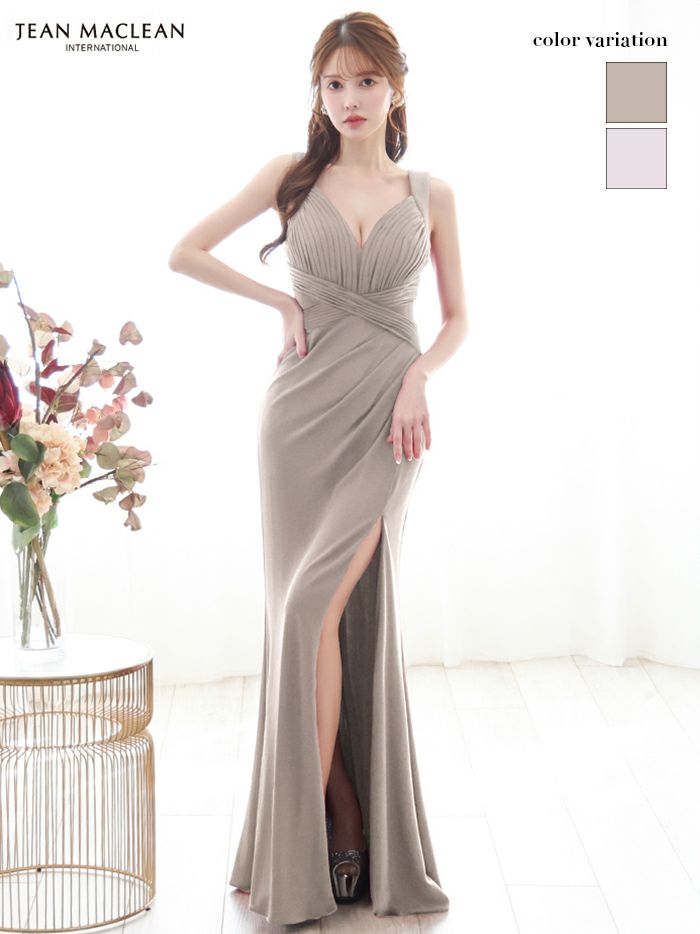 JEAN MACLEAN ジャンマクレーン ワンカラー/ラメニット/ウエストクロス/スリット入り/タイト/ロングドレス ja51861