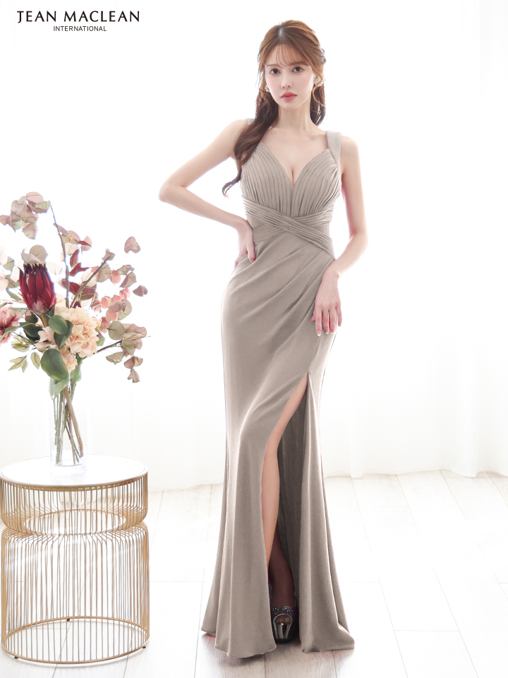 JEAN MACLEAN ジャンマクレーン ワンカラー/ラメニット/ウエストクロス/スリット入り/タイト/ロングドレス ja51861