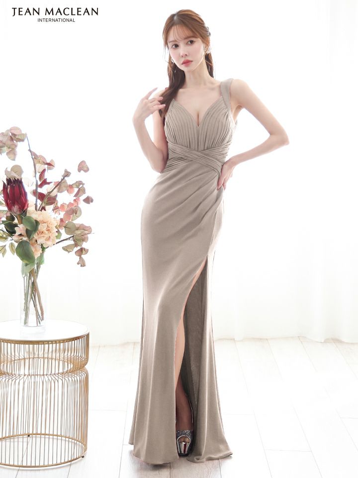 JEAN MACLEAN ジャンマクレーン ワンカラー/ラメニット/ウエストクロス/スリット入り/タイト/ロングドレス ja51861