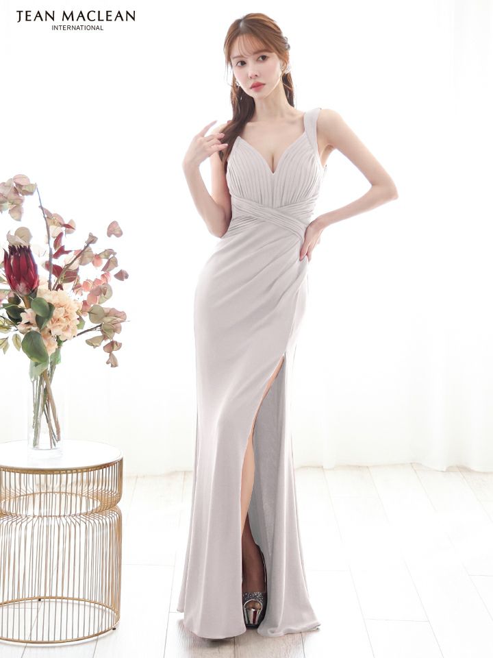 JEAN MACLEAN ジャンマクレーン ワンカラー/ラメニット/ウエストクロス/スリット入り/タイト/ロングドレス ja51861