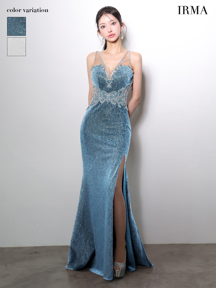 IRMA イルマ ラメニット/ラグジュアリービジュー/カットアウト/スリット入り/タイト ロングドレス ir51971