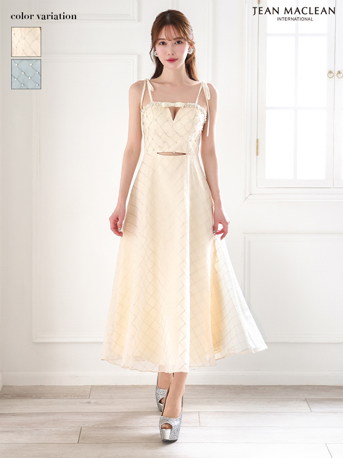 JEAN MACLEAN ジャンマクレーン キルティング/リボンブローチ/パールビジュー/カットアウト/ミモレ丈/フレア/ミディアムドレス ワンピース ja51874