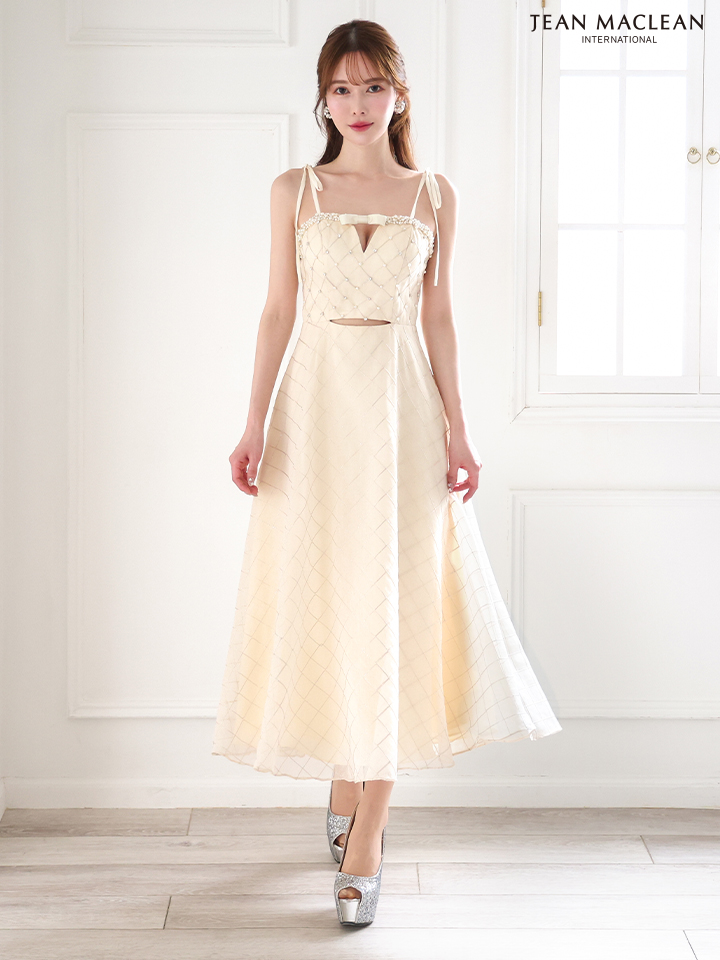 JEAN MACLEAN ジャンマクレーン キルティング/リボンブローチ/パールビジュー/カットアウト/ミモレ丈/フレア/ミディアムドレス ワンピース ja51874