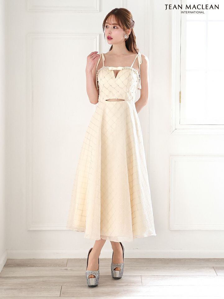 JEAN MACLEAN ジャンマクレーン キルティング/リボンブローチ/パールビジュー/カットアウト/ミモレ丈/フレア/ミディアムドレス ワンピース ja51874
