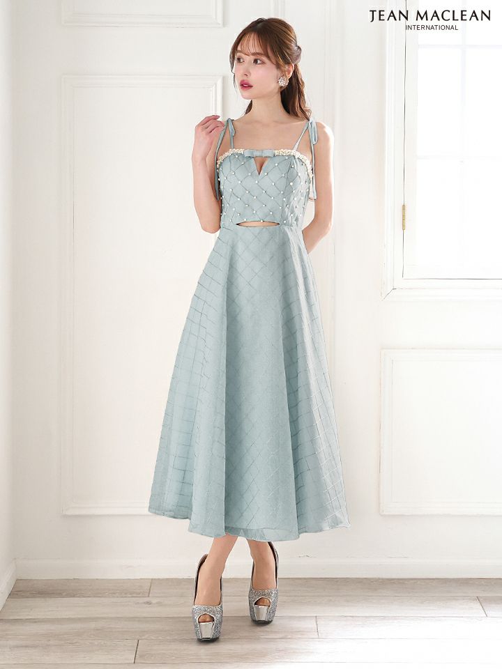 JEAN MACLEAN ジャンマクレーン キルティング/リボンブローチ/パールビジュー/カットアウト/ミモレ丈/フレア/ミディアムドレス ワンピース ja51874