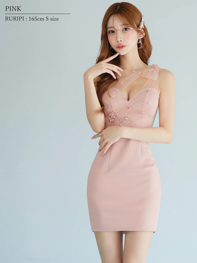 AngelR エンジェルアール ワンショルダーリボンメッシュビジューフラワータイトマイクロミニドレス ar26204