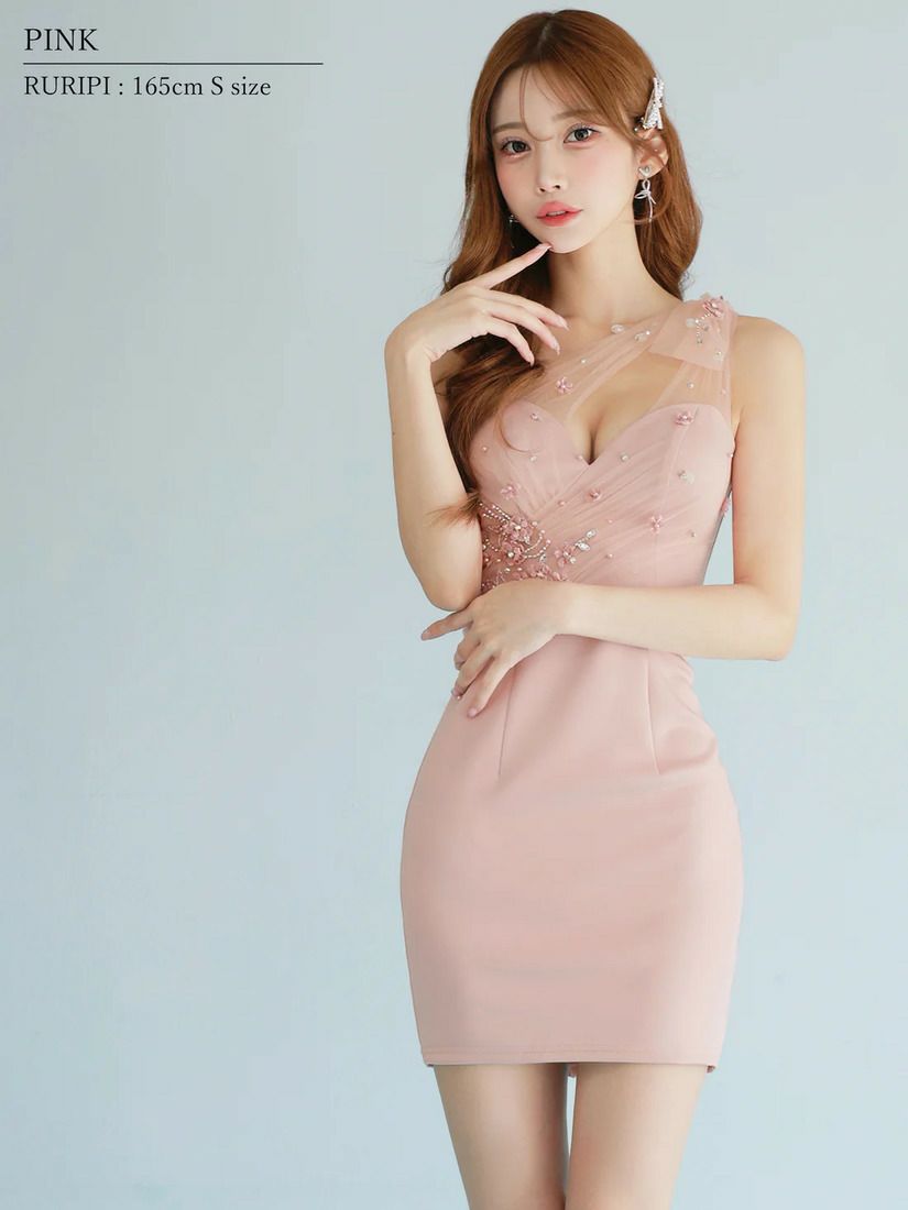 AngelR エンジェルアール ワンショルダーリボンメッシュビジューフラワータイトマイクロミニドレス ar26204