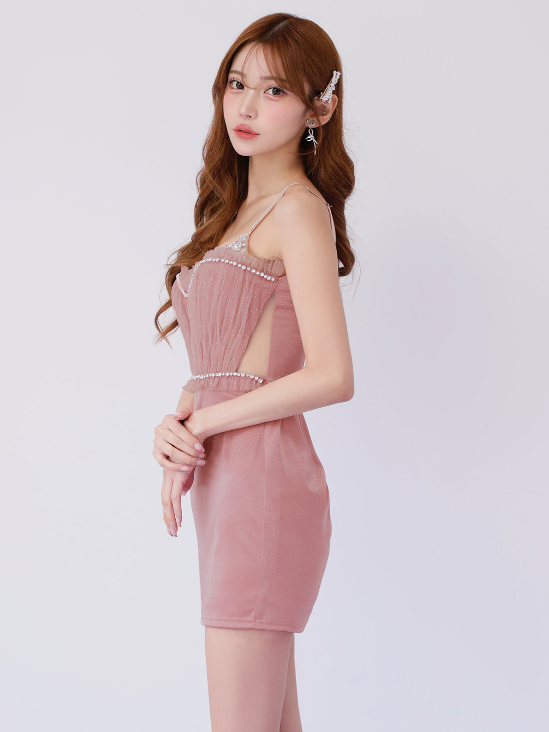 AngelR エンジェルアール フロントメッシュVカットビジューフリルウエストマークタイトマイクロミニドレス ar26202