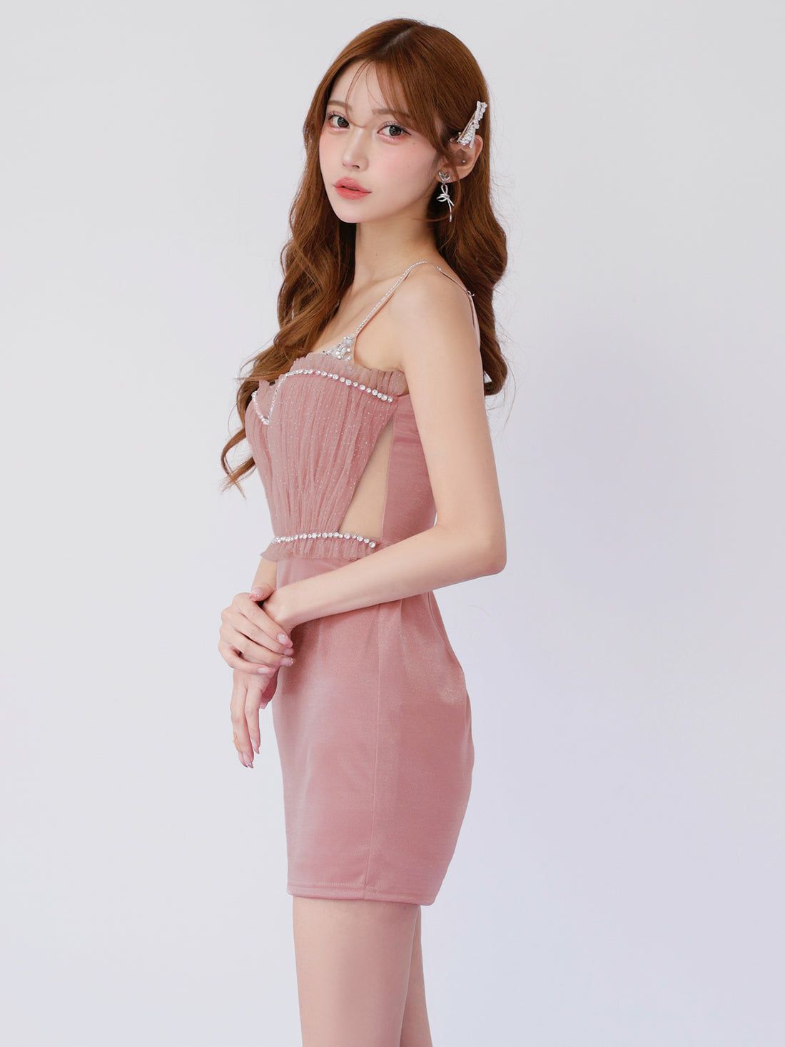 AngelR エンジェルアール フロントメッシュVカットビジューフリルウエストマークタイトマイクロミニドレス ar26202