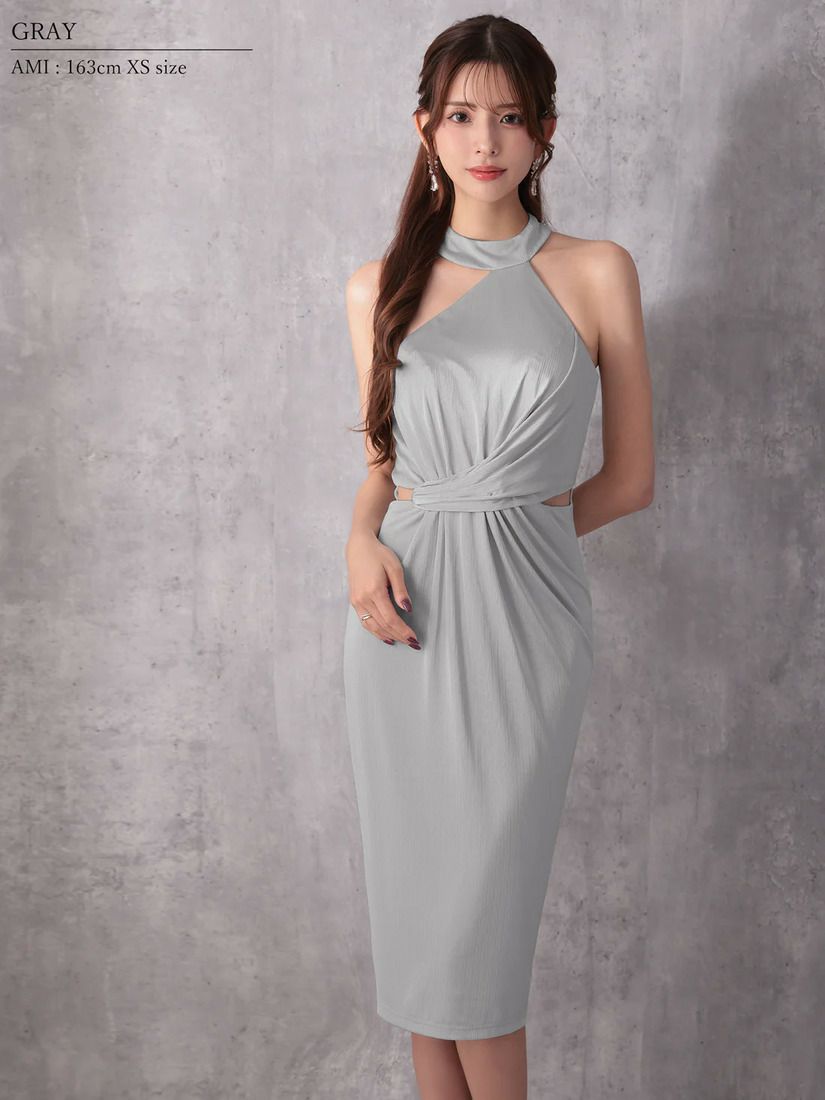 Veautt ヴュート アシンメトリーホルターネックウエストクロスデザインサイドカットタイトミディアムドレス vt022603