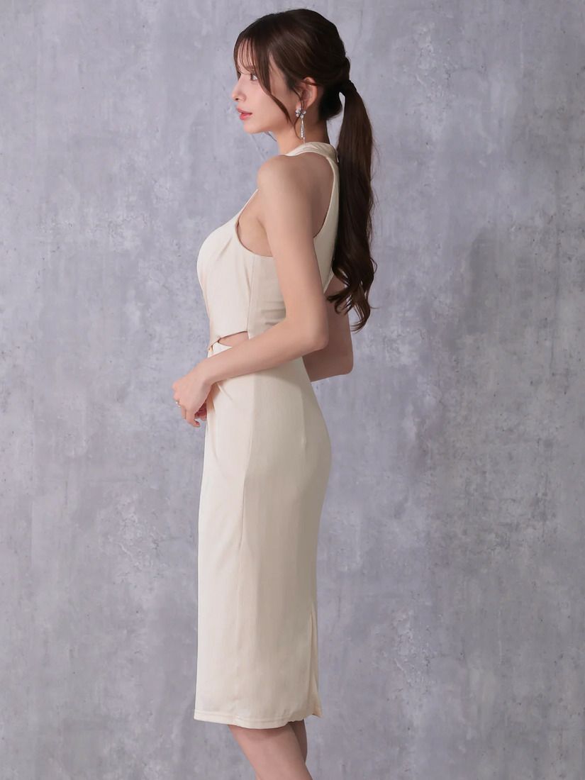 Veautt ヴュート アシンメトリーホルターネックウエストクロスデザインサイドカットタイトミディアムドレス vt022603