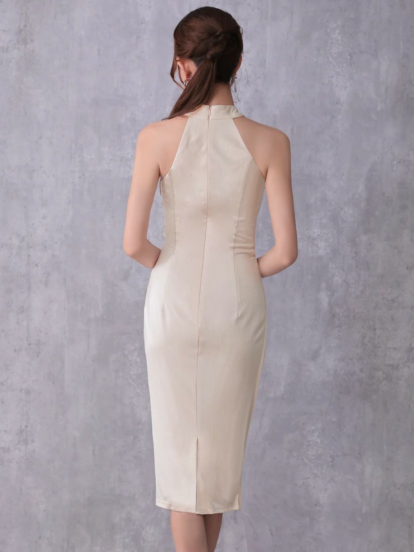 Veautt ヴュート アシンメトリーホルターネックウエストクロスデザインサイドカットタイトミディアムドレス vt022603